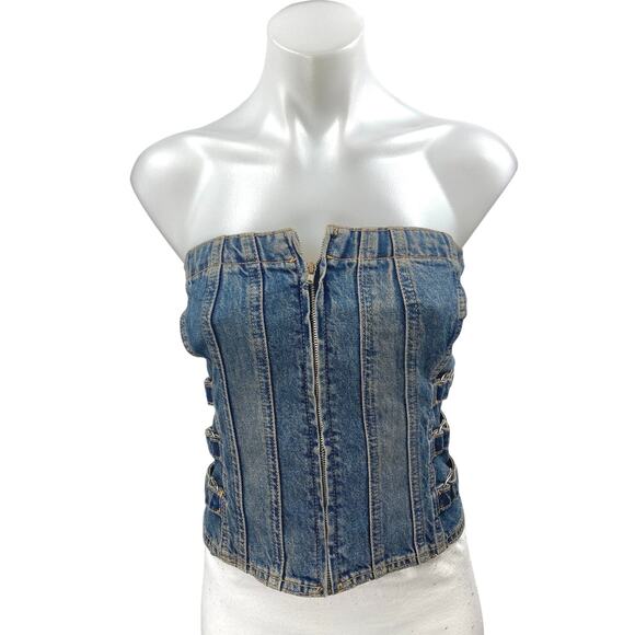 NEW Zara Blue Strapless Sleeveless Denim Jean Tube Bandeau Crop Top Size S - Picture 1 of 5